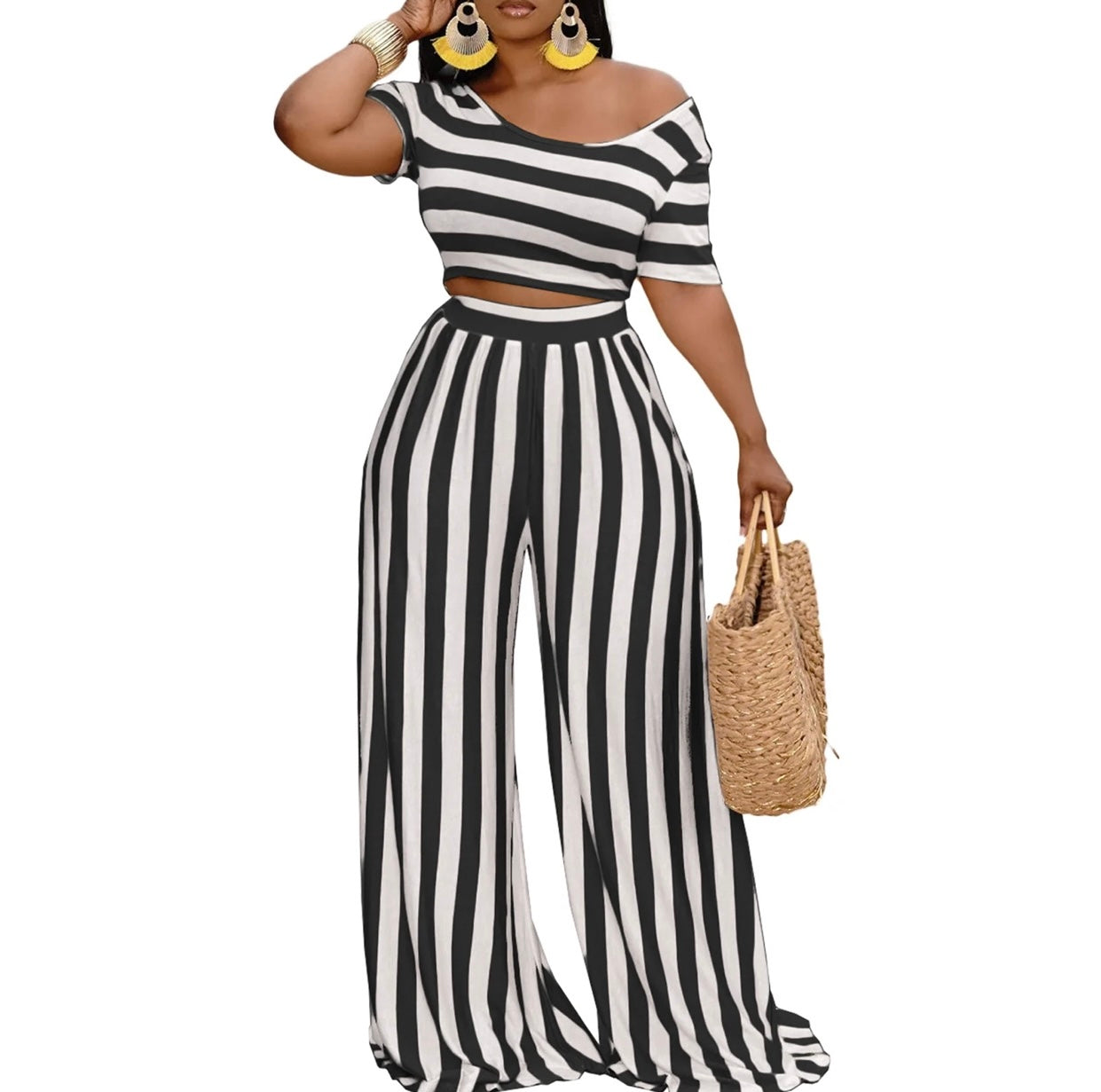 2pc Stripe Top/Pant Pant Set-Black Stripe