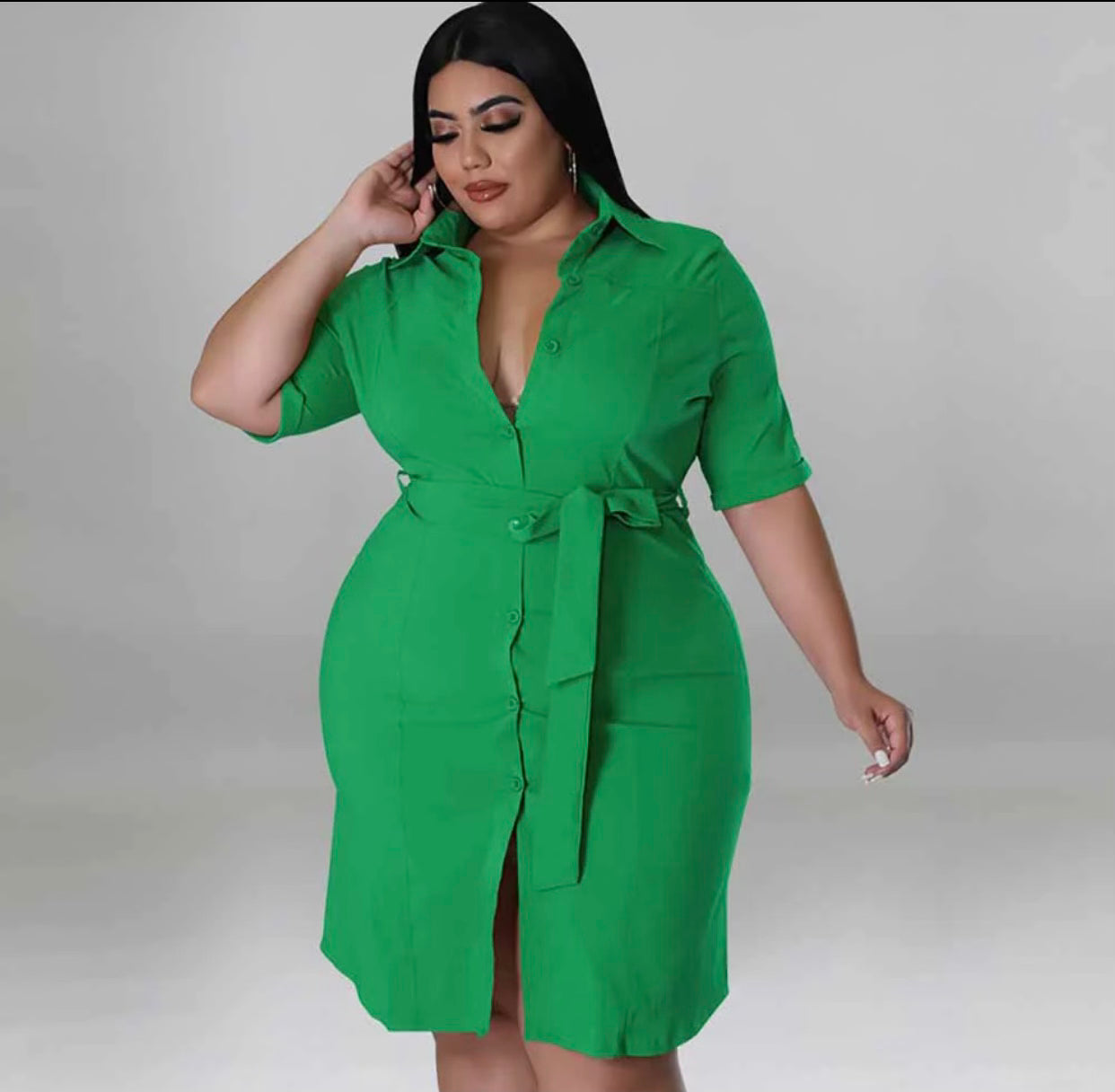 Short Sleeve Button Dwn Shrt Dres-Green