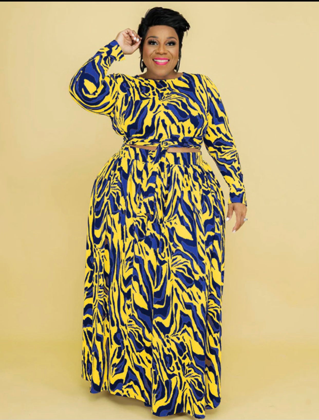 2pc Zebra Crop/Maxi Skirt Set-Yellow/Blue