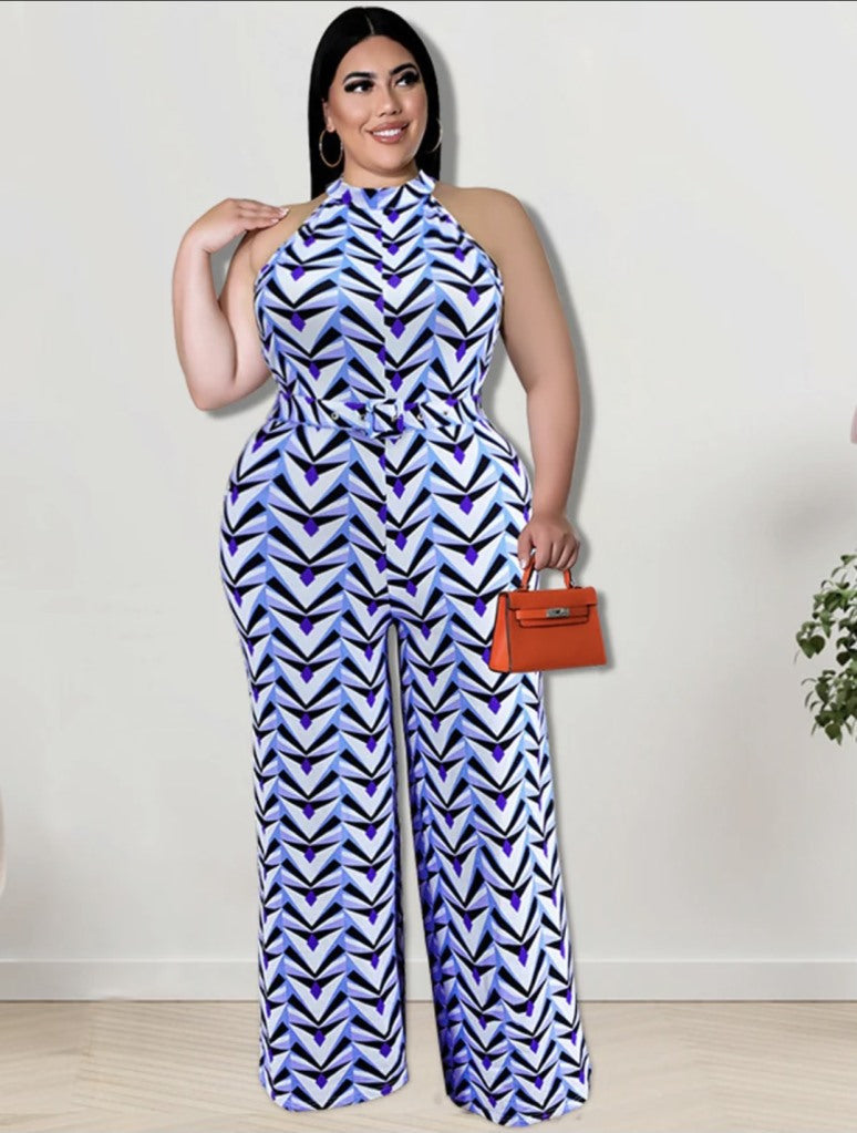 Sleeveless Jumpsuit diamond/w Belt-Diamond Blue