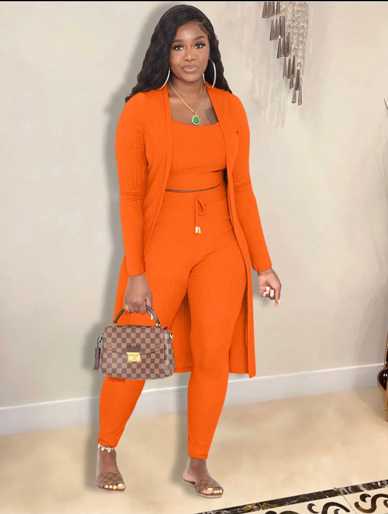Cardigan 3pc long Sle Pants Set-Orange