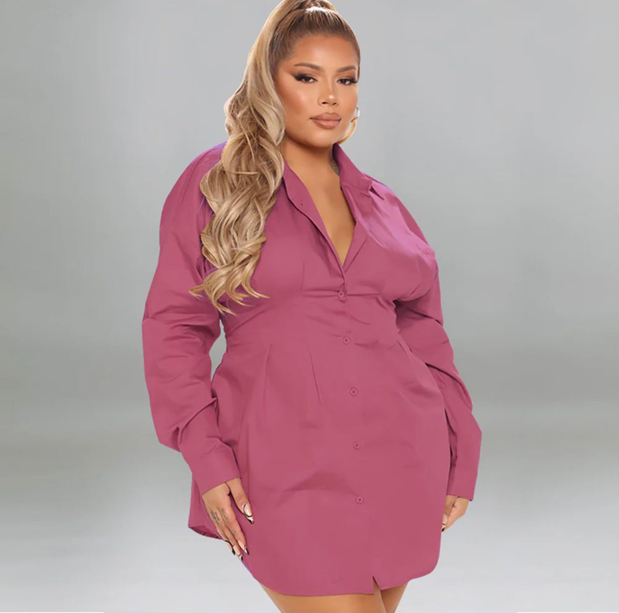 Long Sleve Button Dwn Shrt Dres-Pink