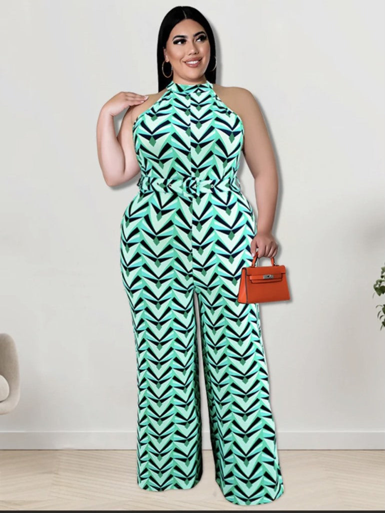 Sleeveless Jumpsuit diamond/w Belt-Diamond Green