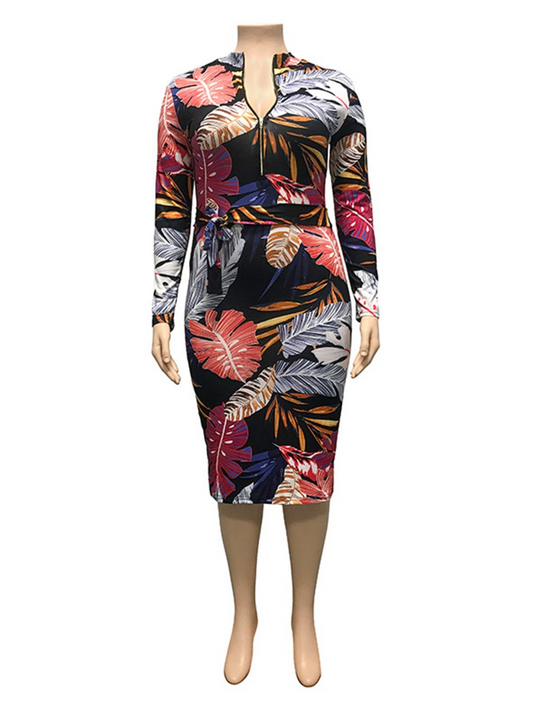 Leaf Print Long Sleeve Dress with Zipper