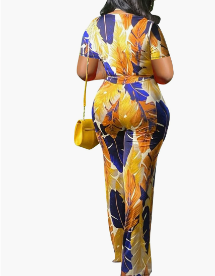 Leaf Print V Neck jumpsuit