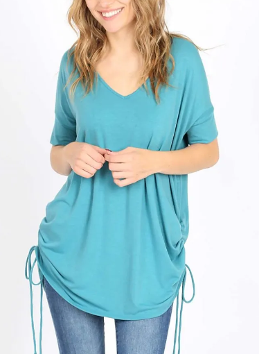 Short Sleeve V Neck Drawstring Top
