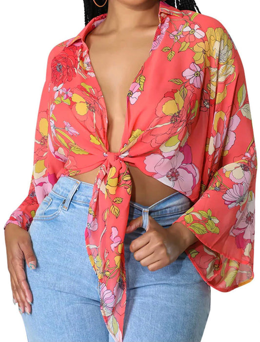V Neck Crop Top-Floral Red/Yellow