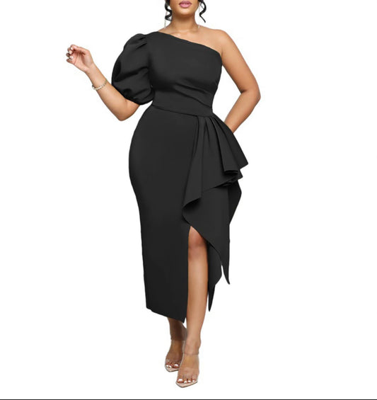 Ruffled side Slit Party Maxi Dr-Black