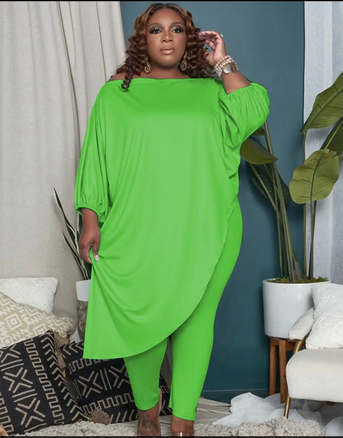 Longsleeve Top/Pant Ruched Set-Lime Green