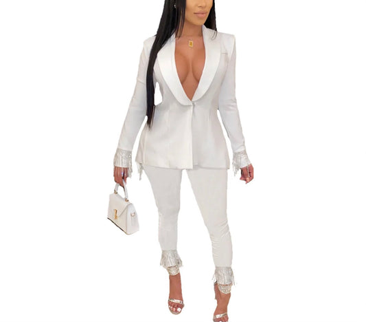 Tassel Fringe Pant/Blazer Set-White