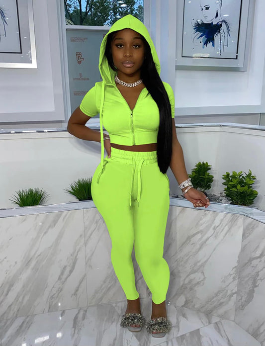 2pc Jogger Set w H0odie Crop Top-Lime Green