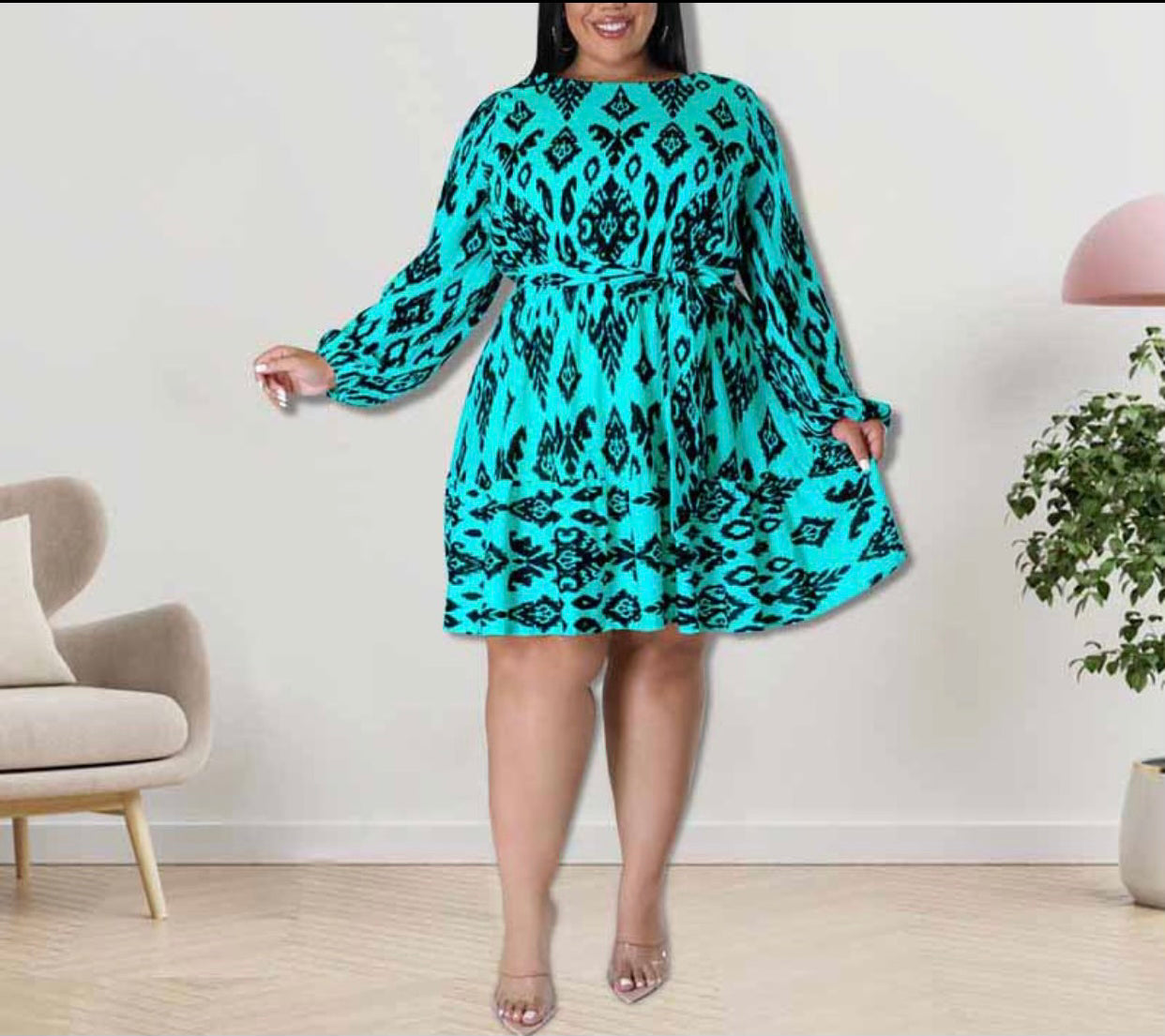 Long Sleeve Midi Dress Tribal-Teal/Black