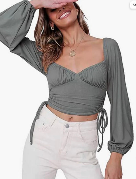 Off Shoulder Long Sleeve Crop-Grey Crop Top