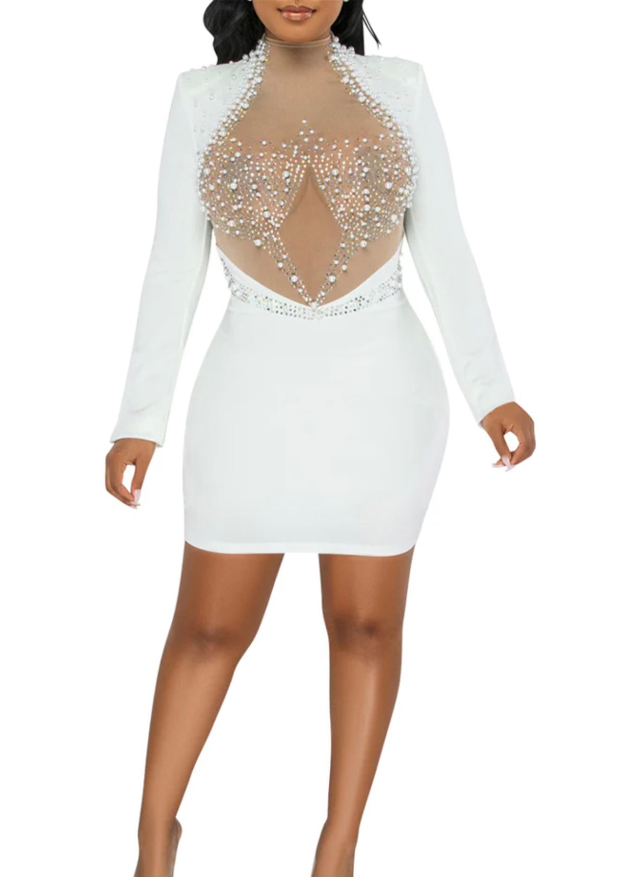 Sexy Pearl Mesh Front Mini Dres-White/Pearl