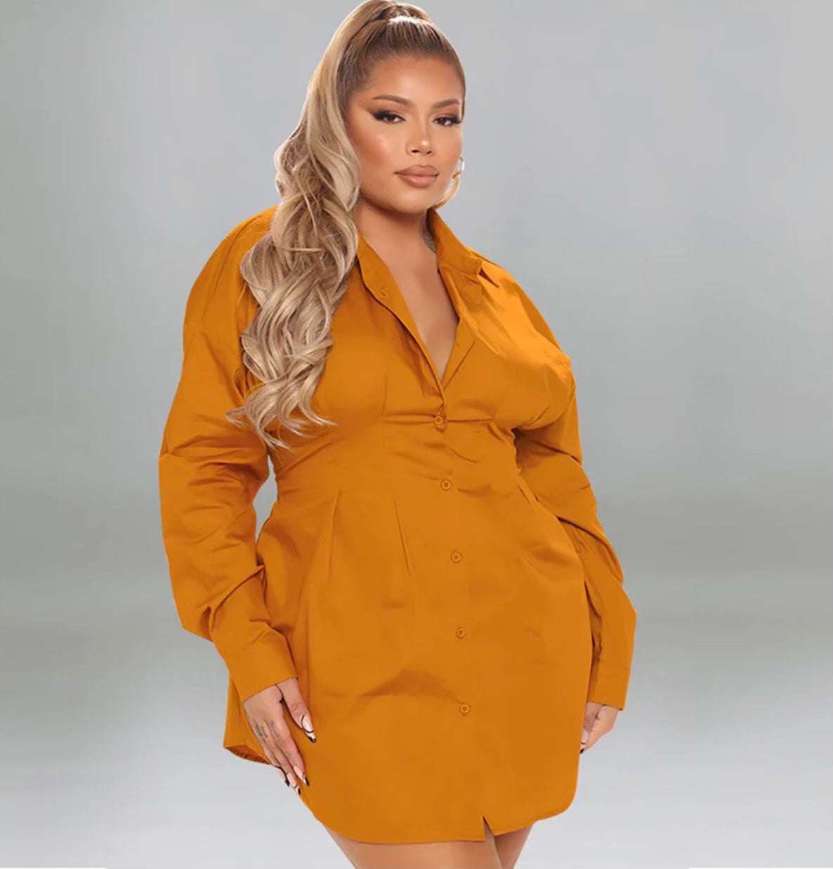 Long Sleeve Button Dwn Shrt Dres-Orange