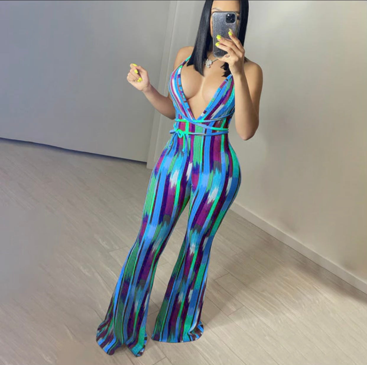 Wide leg Jumpsuit deep V Neck-Blue/Pur/Green