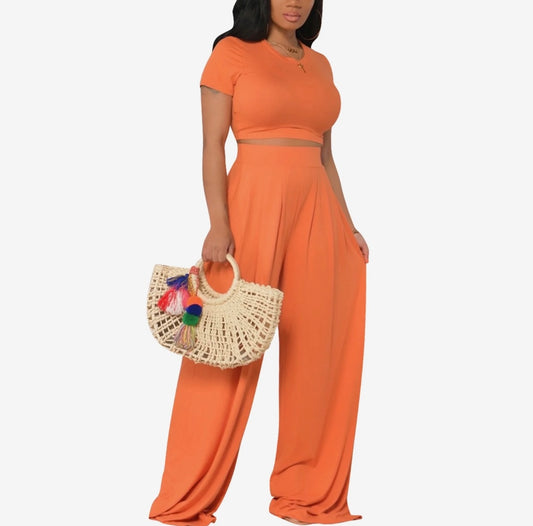 2pc Crop Solid Palazzo Pant Se-Orange