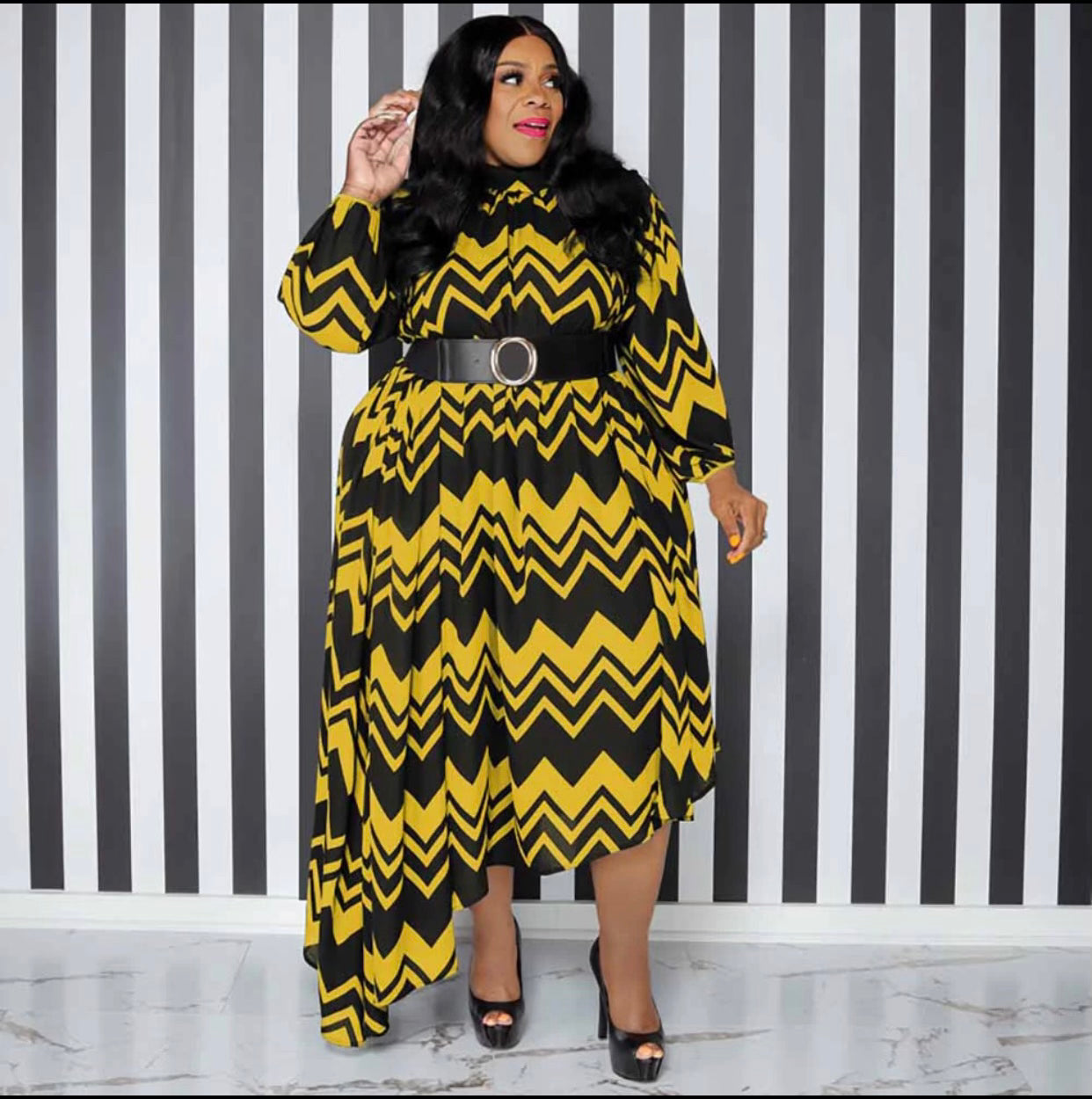 Chevron long sleve maxi dress-Yellow/Black