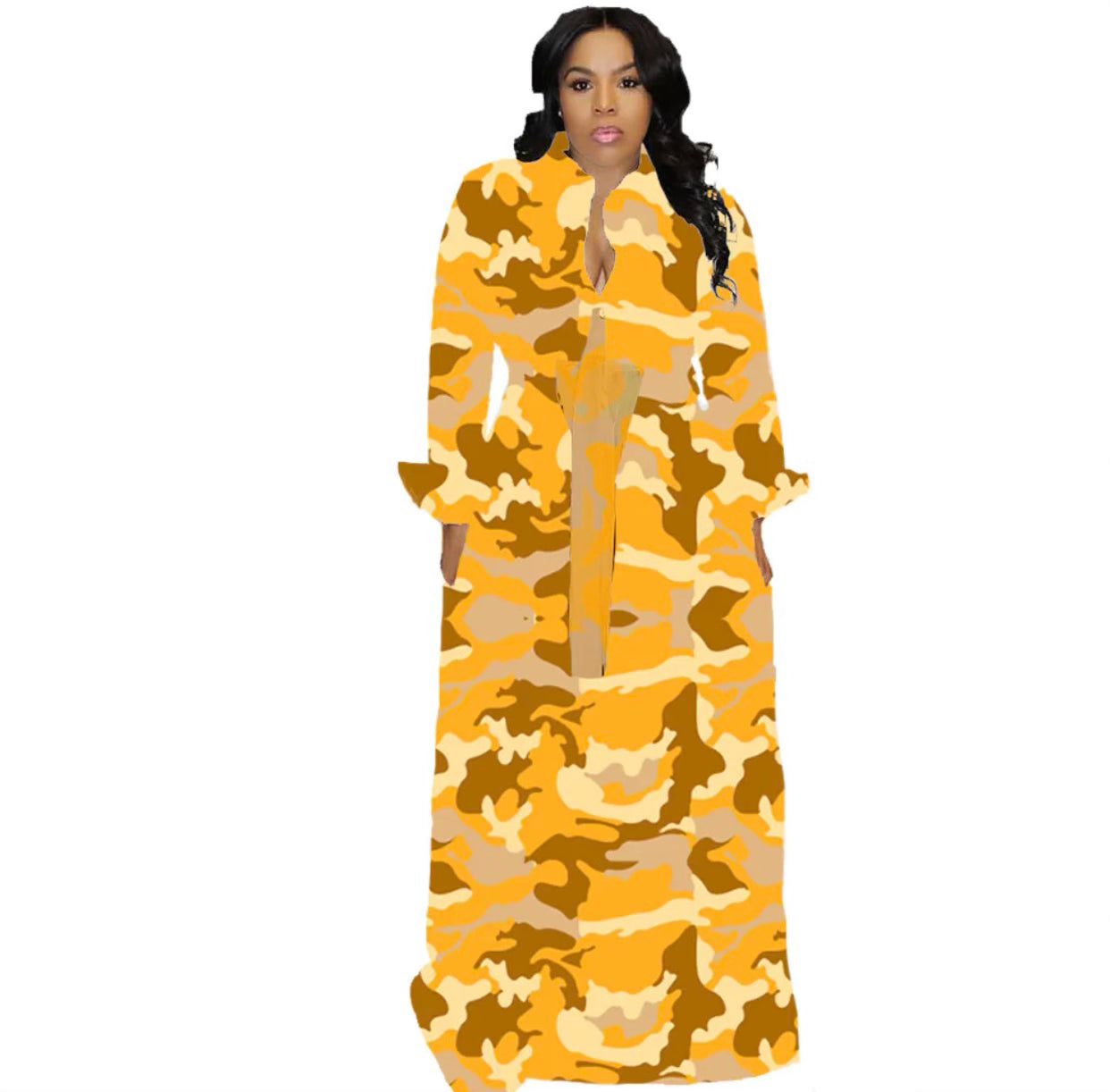 Button Down Camo Maxi Dres-Yellow Camo