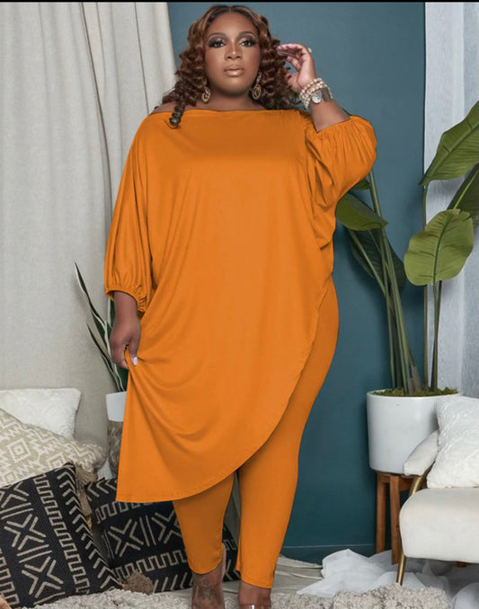 Longsleeve Top/Pant Ruched Set-Orange