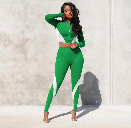 Crop Top Legging Set-Green/White