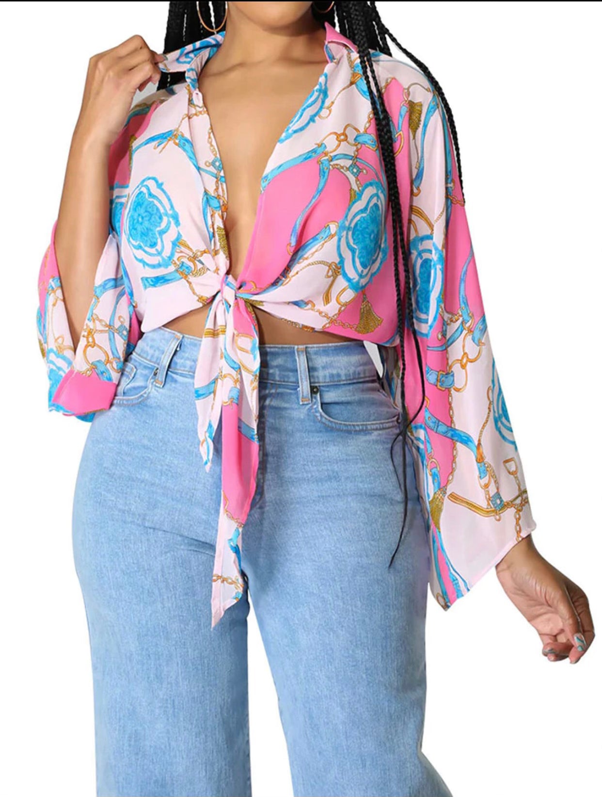 V Neck Crop Top-Pink/Blue