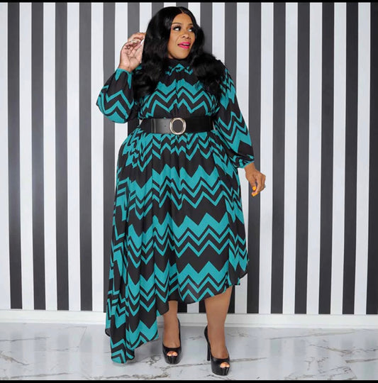 Chevron long sleeve maxi dress-Teal/Black