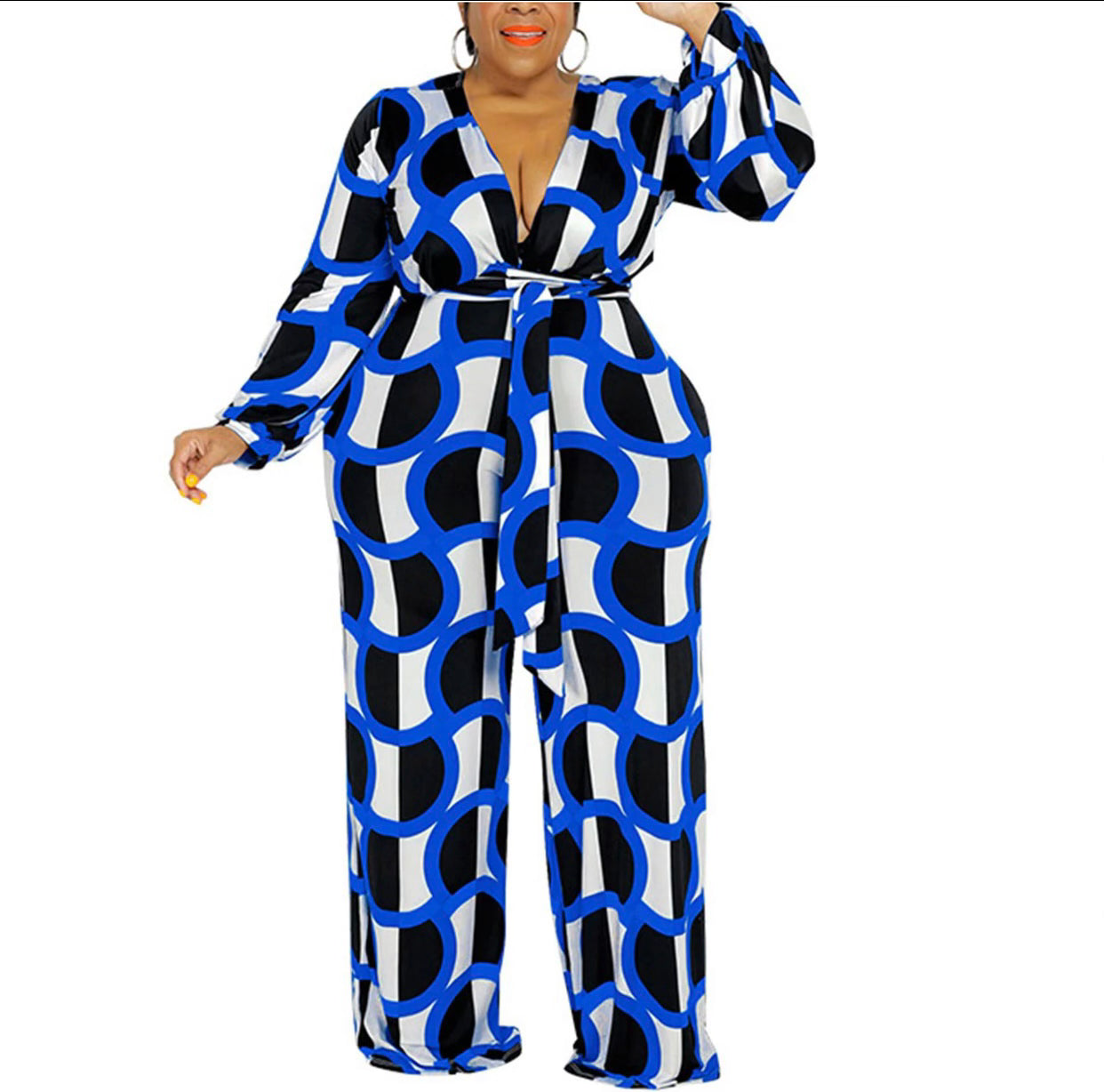 Lng Sleve Circle Vneck Jumpsuit-Blu/Blk/Whte