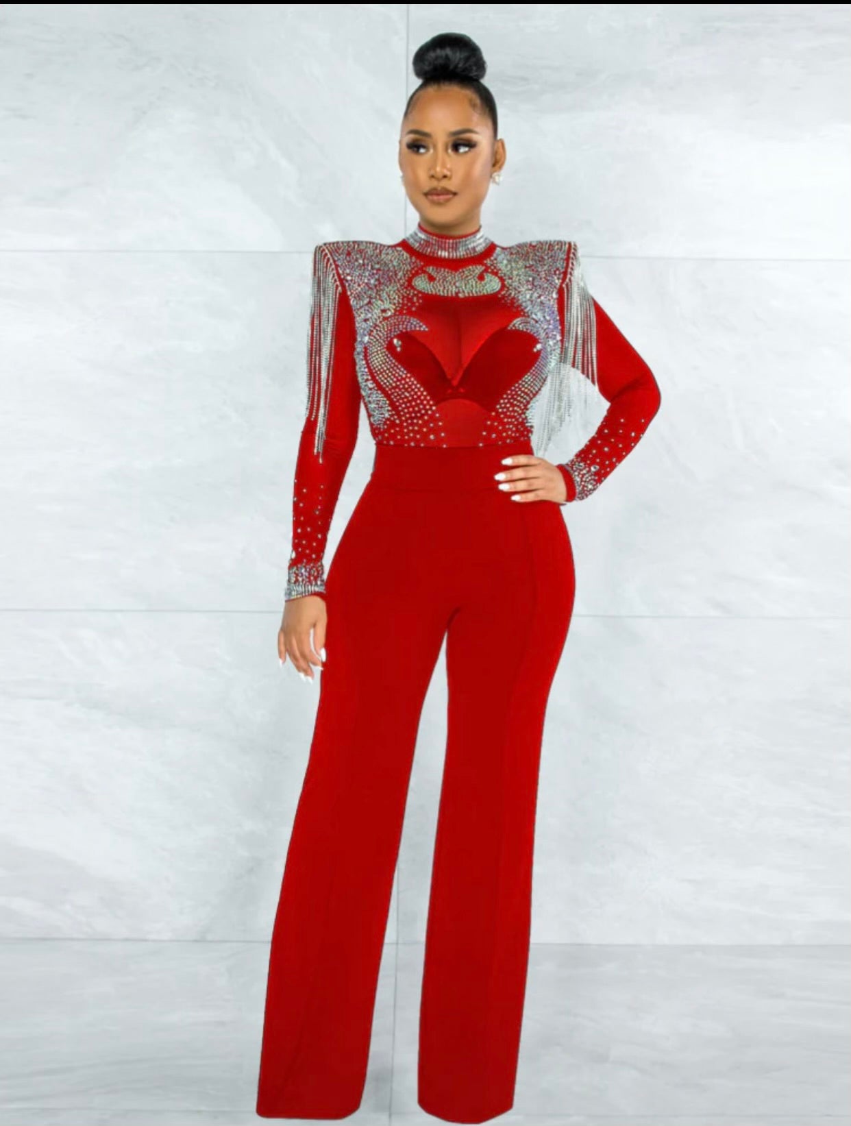 Rhinestone jumpsuit see-through