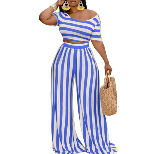 2pc Stripe Top/Pant Pant Set-Blue Stripe