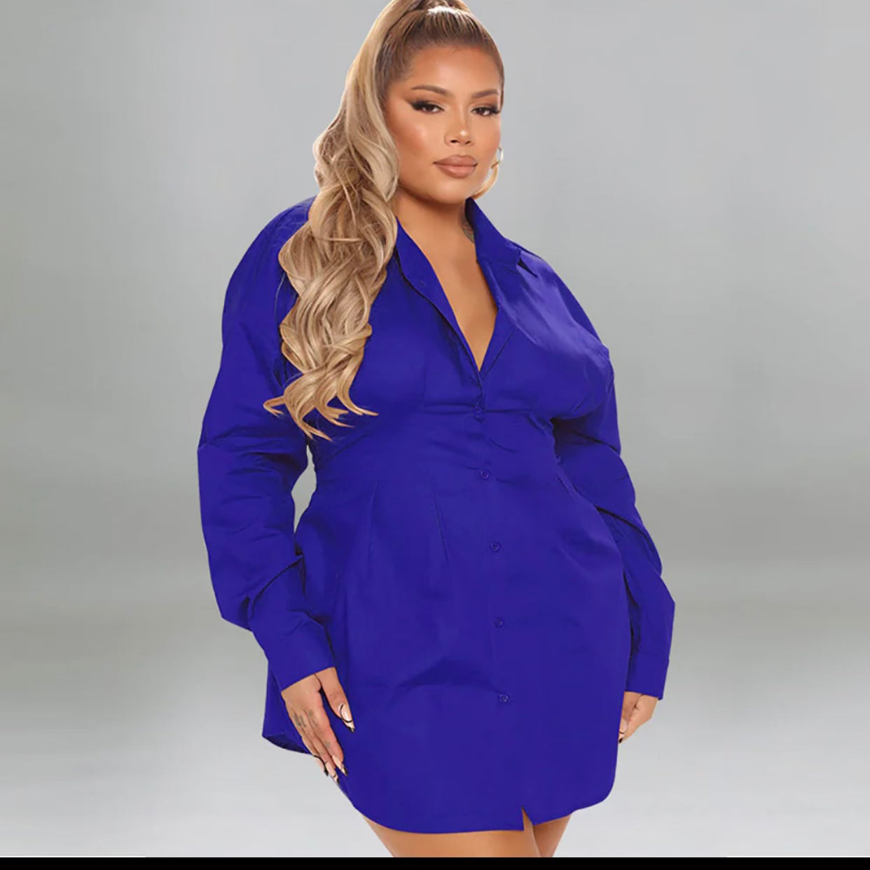 Long Sleeve Button Dwn Shrt Dres-Royal Blue