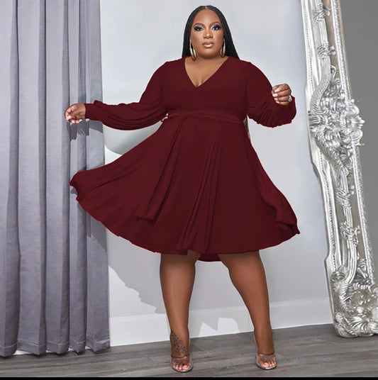 Midi Long Sleeve Flowy Dress-Burgundy