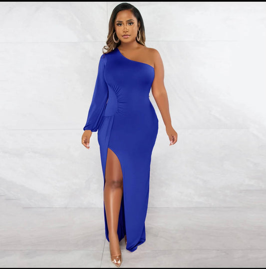 One Shoulder High Split Max Dre-Blue