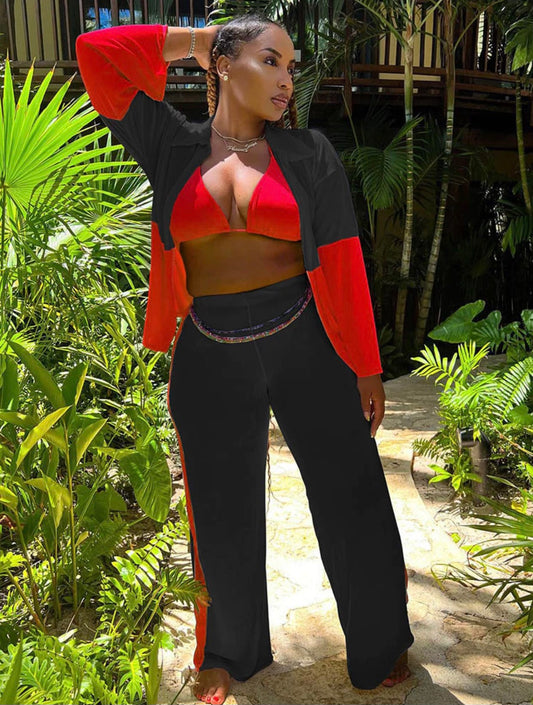 3pc Summer Jacket/pants/top Set-Red/Black