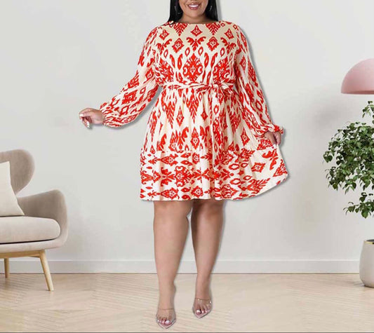 Long Sleeve Midi Dress Tribal-Red/White