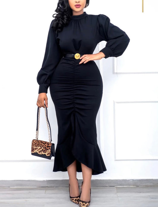 Fishtail Long Sleeve Bodycon Dress-Black