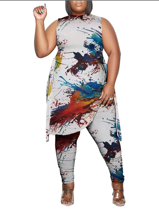 Printed Sleeveless Top/Pant Set-Paint Splash