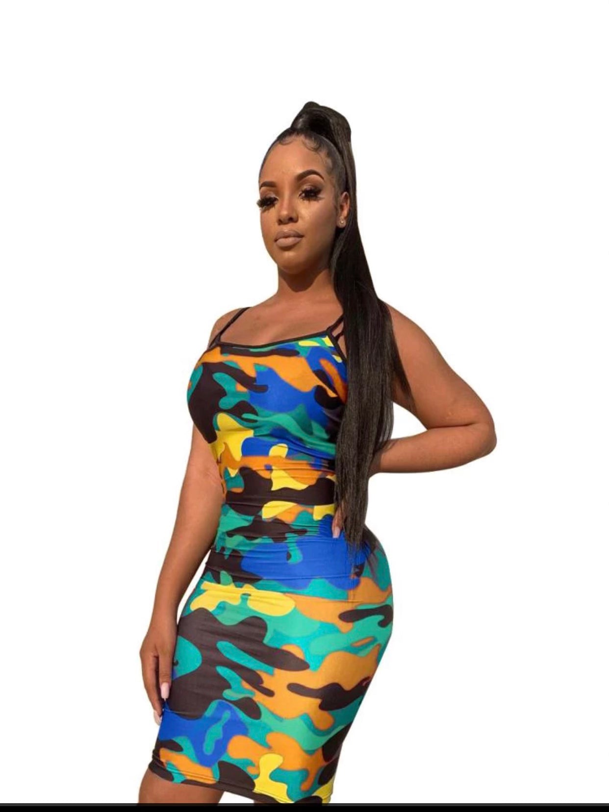 Spaghetti Strap Camo Bodycon Dr-Teal