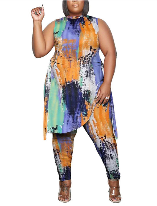 Printed Sleeveless Top/Pant Set-Org/Purple/Blu