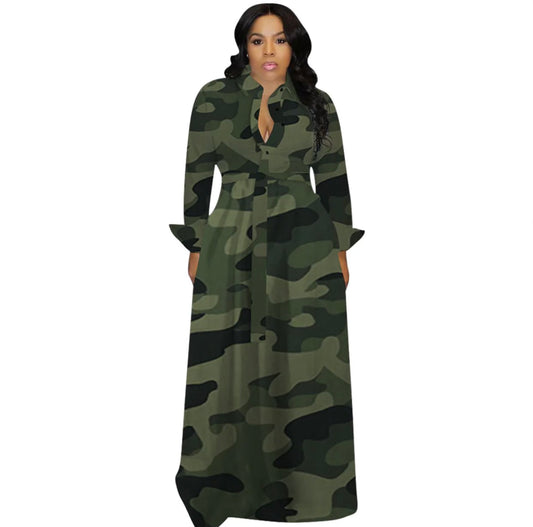 Button Down Camo Maxi Dres-Green Camo