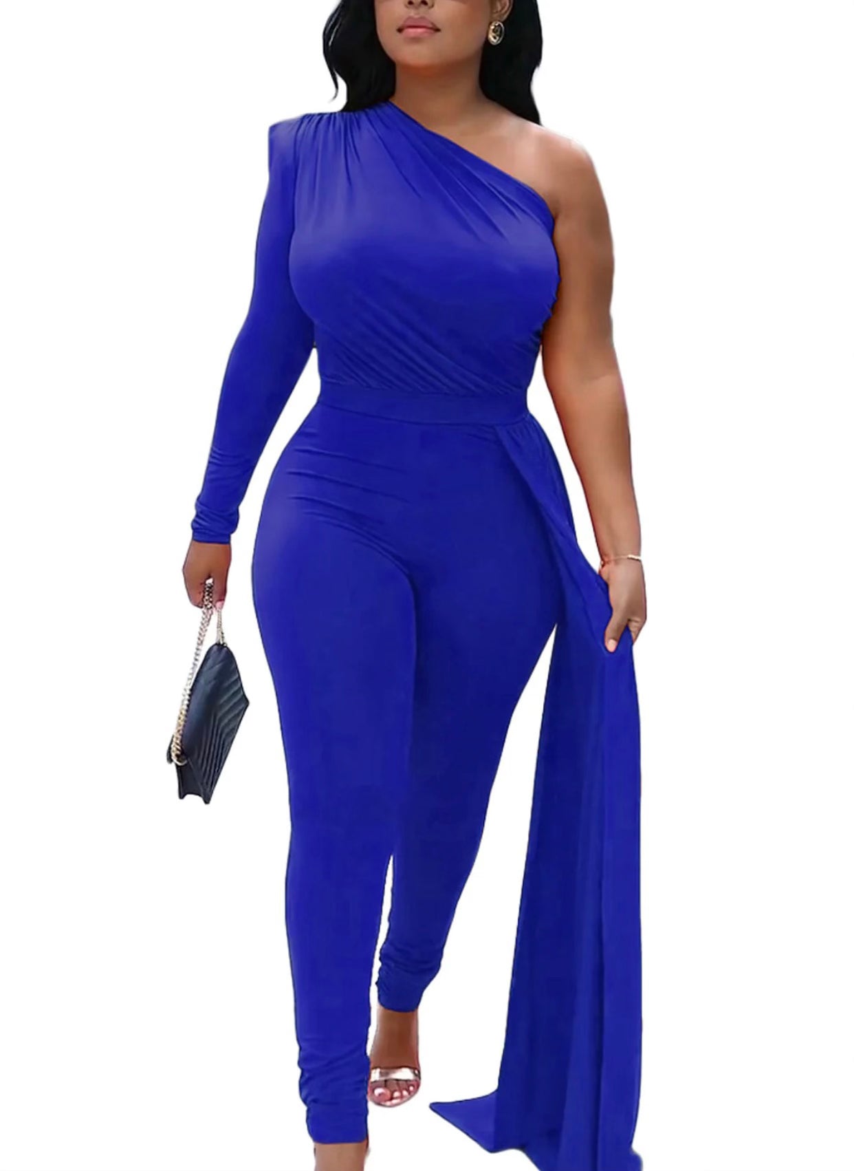 One Sleeve Sash Jumpsuit-Blue