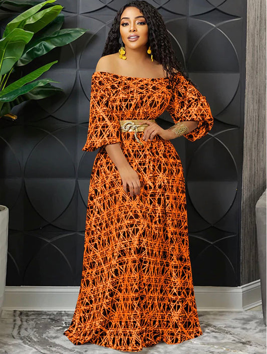 One Shoulder Maxi Long Dress-Orange/Black