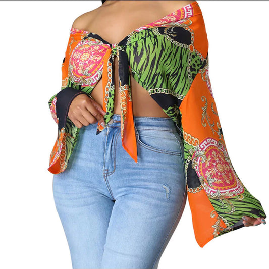 V Neck Crop Top-Orange/ Green