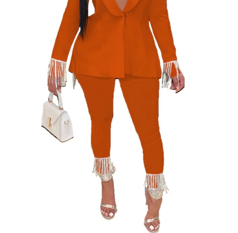 Tassel Fringe Pant/Blazer Set-Orange