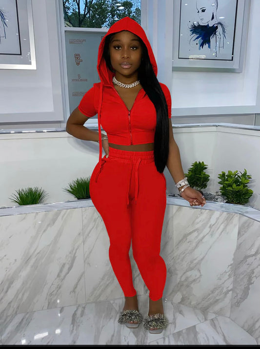 2pc Jogger Set w H0odie Crop Top-Red