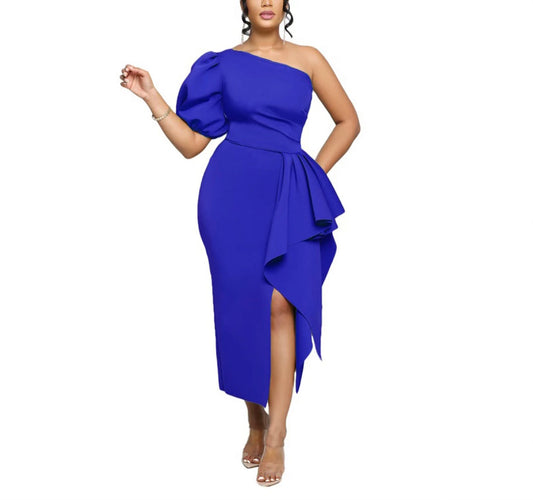 Ruffled side Slit Party Maxi Dr-Royal Blue