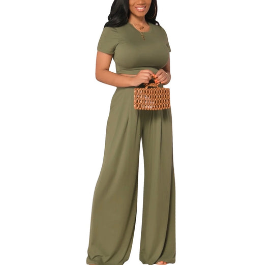 2pc Crop Solid Palazzo Pant Se-Olive Green