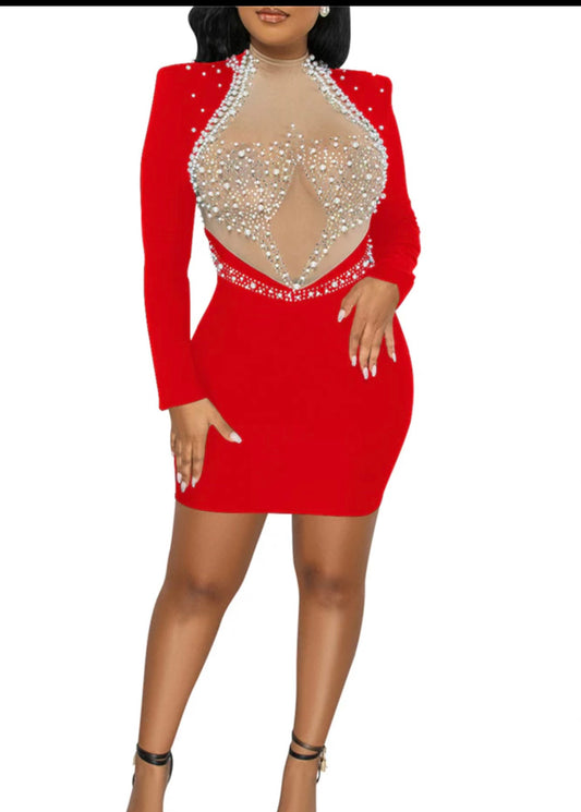 Sexy Pearl Mesh Front Mini Dres-Red/ Pearl