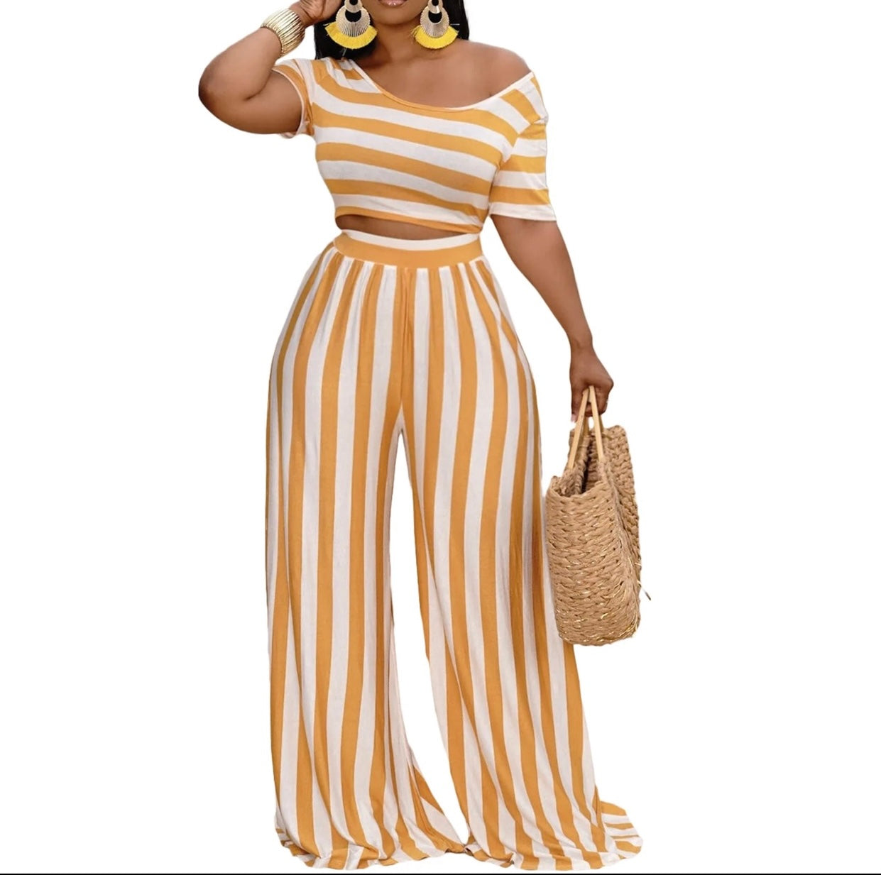 2pc Stripe Top/Pant Pant Set-Yellow Stripe