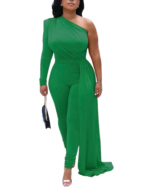 One Sleeve Sash Jumpsuit-Green